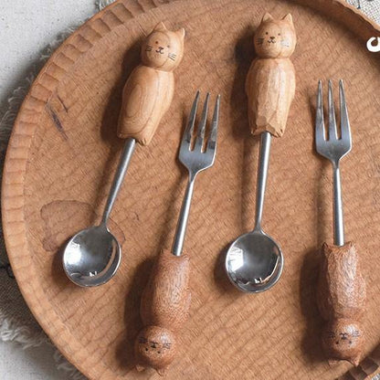 Dessert fork and spoon sets Hand Carved Cute Cat _MS - Wooden Islands