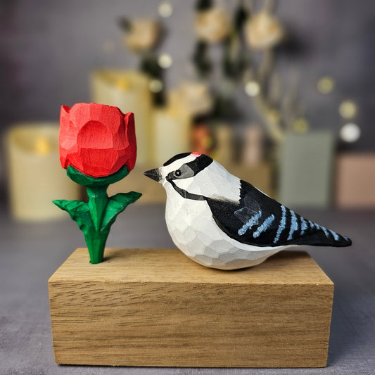 Downy Woodpecker with Rose - Wooden Islands