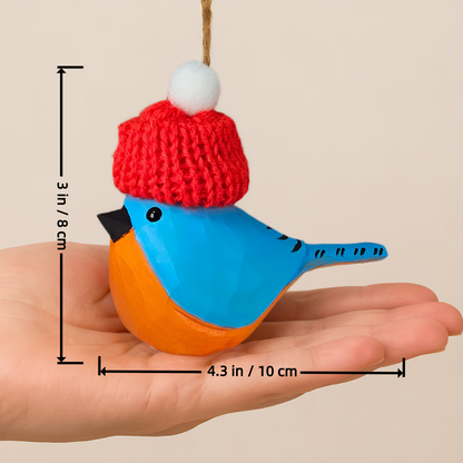 Eastern Bluebird Christmas Ornament - Hand‑Carved Wood with Knit Hat, Gift Box Included