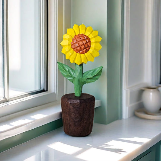 Elegant Sunflower Wooden Sculpture | Hand-Carved & Painted With Gift Box Packing - Wooden Islands