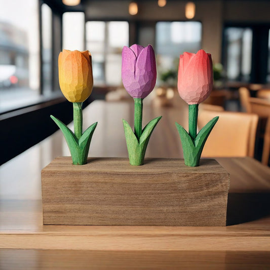Elegant Trio of Hand-Carved Wooden Tulips - Gift Box Included - Wooden Islands