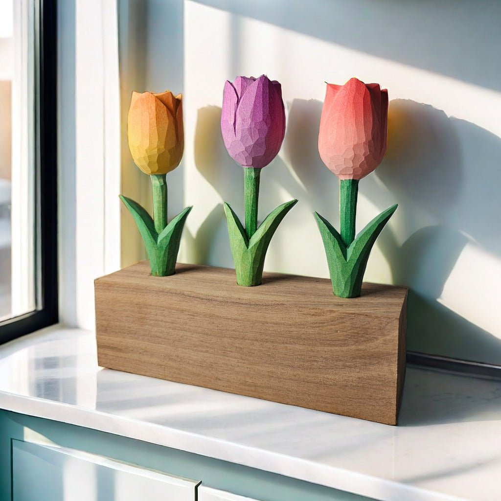 Elegant Trio of Hand-Carved Wooden Tulips - Gift Box Included - Wooden Islands