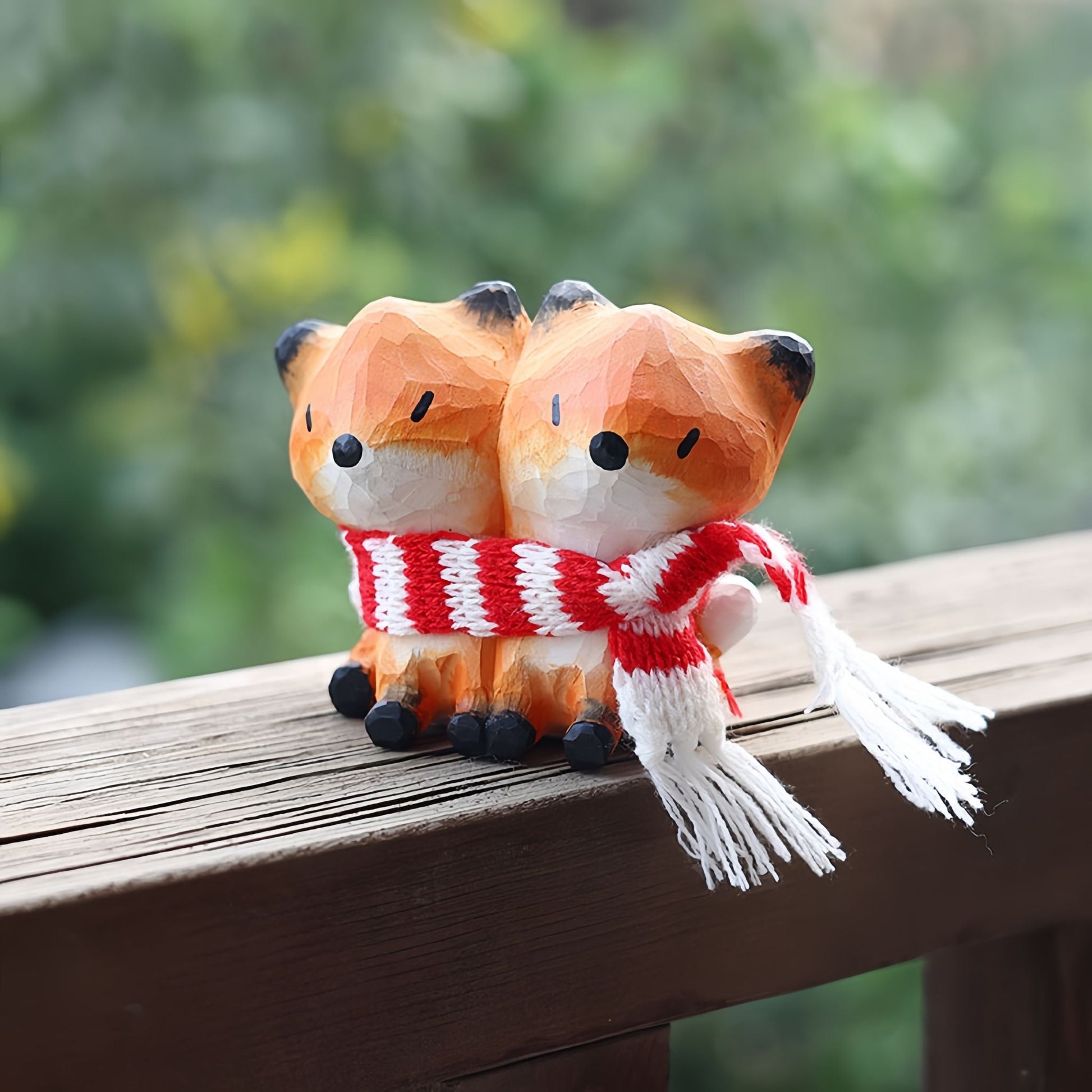Fox Couple Wooden Statues with Scarves - Wooden Islands