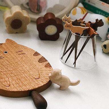 Fruit Fork Handmade Wooden Cute Cat fork Set with Glass Cup - Wooden Islands