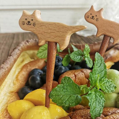 Fruit Fork Handmade Wooden Cute Cat fork Set with Glass Cup - Wooden Islands