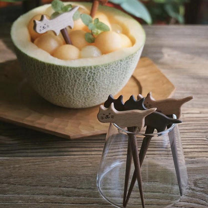 Fruit Fork Handmade Wooden Cute Cat fork Set with Glass Cup - Wooden Islands