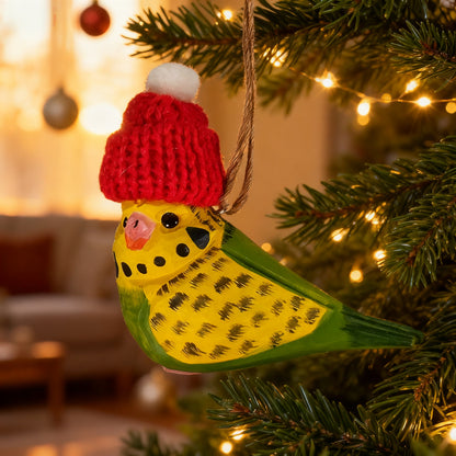 Budgerigar Christmas Ornament - Hand‑Carved Wood with Knit Hat, Gift Box Included
