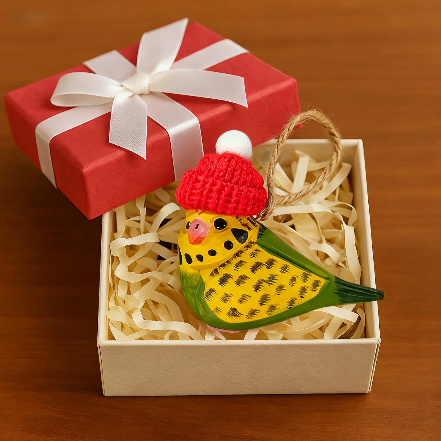 Budgerigar Christmas Ornament - Hand‑Carved Wood with Knit Hat, Gift Box Included