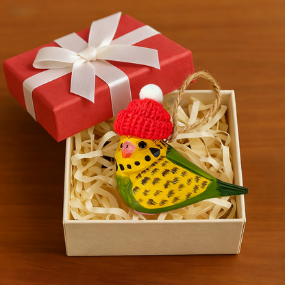 Budgerigar Christmas Ornament - Hand‑Carved Wood with Knit Hat, Gift Box Included