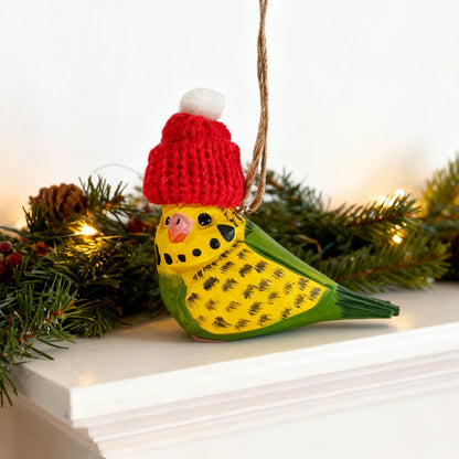 Budgerigar Christmas Ornament - Hand‑Carved Wood with Knit Hat, Gift Box Included