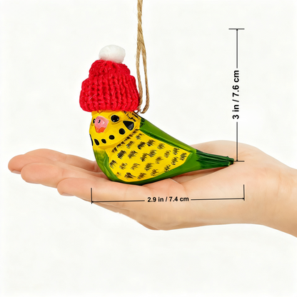 Budgerigar Christmas Ornament - Hand‑Carved Wood with Knit Hat, Gift Box Included