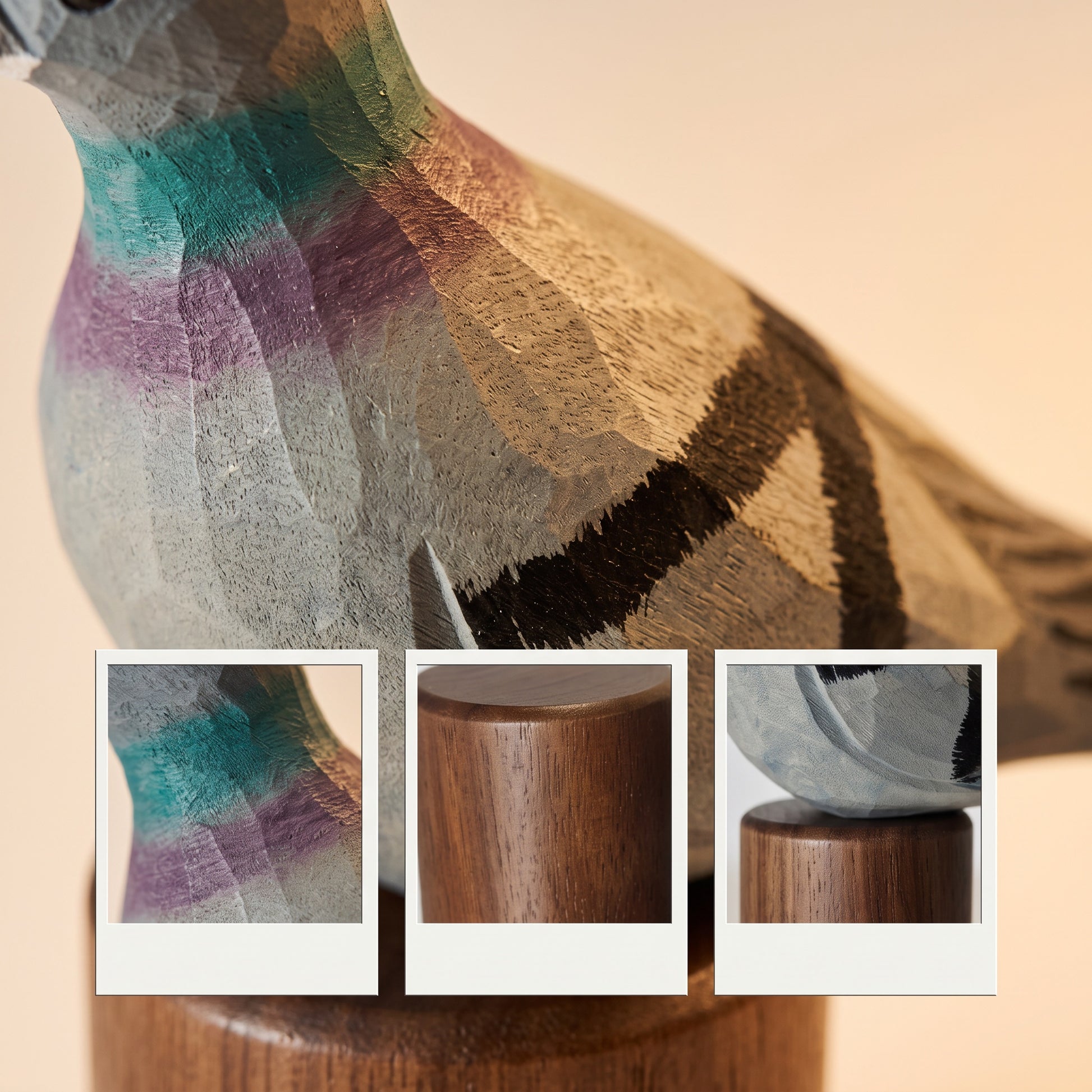 A close-up of a carved wooden Rock dove sculpture with layered natural wood grain and painted accents in teal, purple, and black. Three small inset photos at the bottom show detail views of the painted neck area and the wooden base.