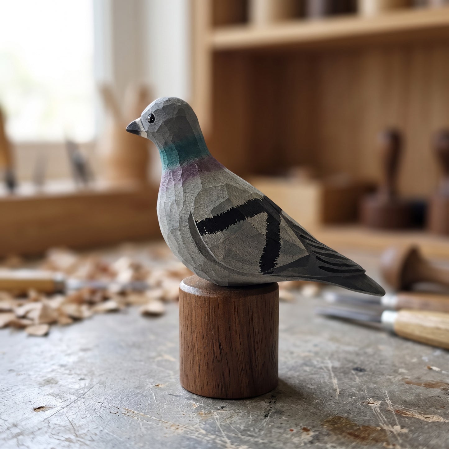 A handcrafted wooden Rock dove sculpture with geometric facets, perched on a small cylindrical wooden base in a woodworking workshop.