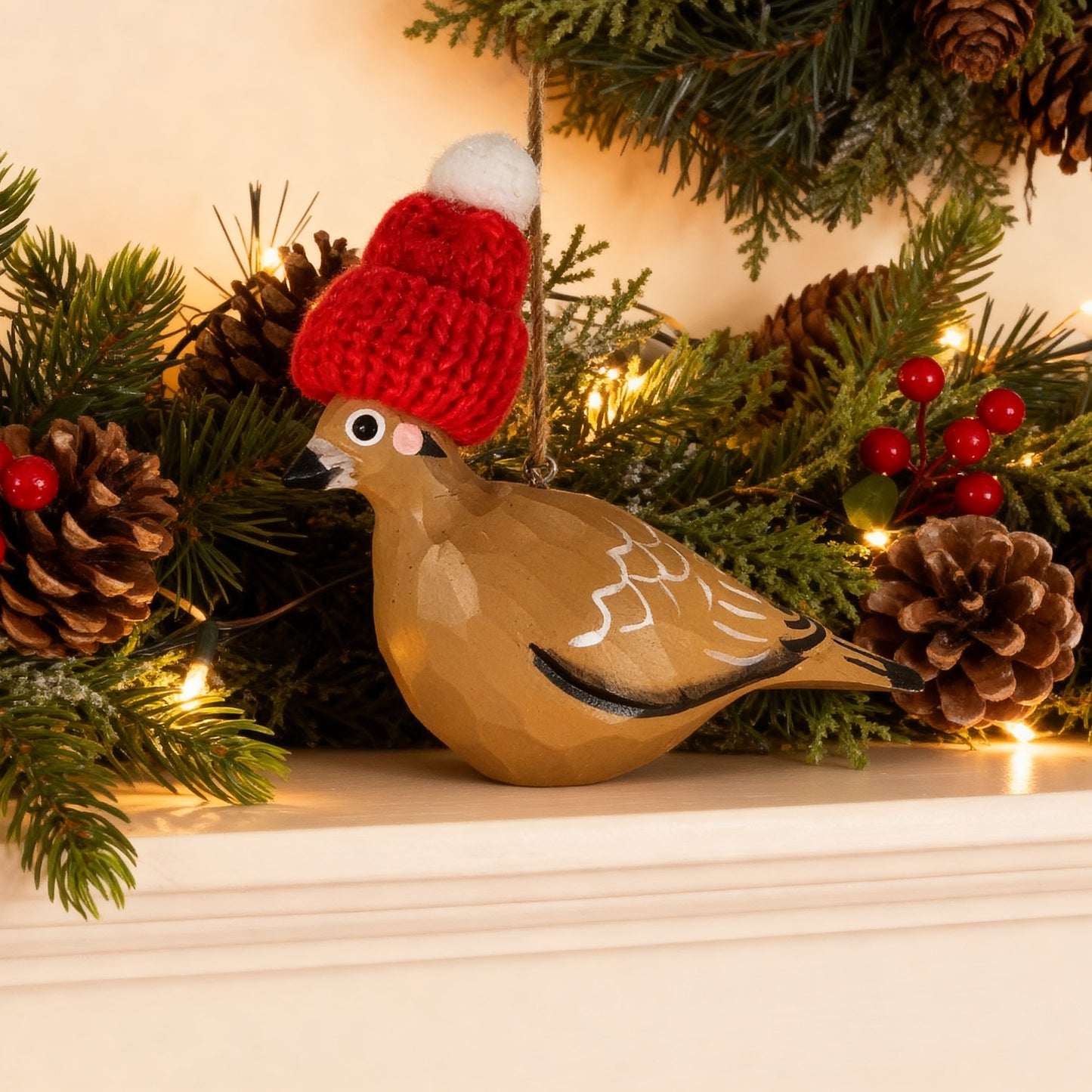Mourning Dove Christmas Ornament - Hand‑Carved Wood with Knit Hat, Gift Box Included