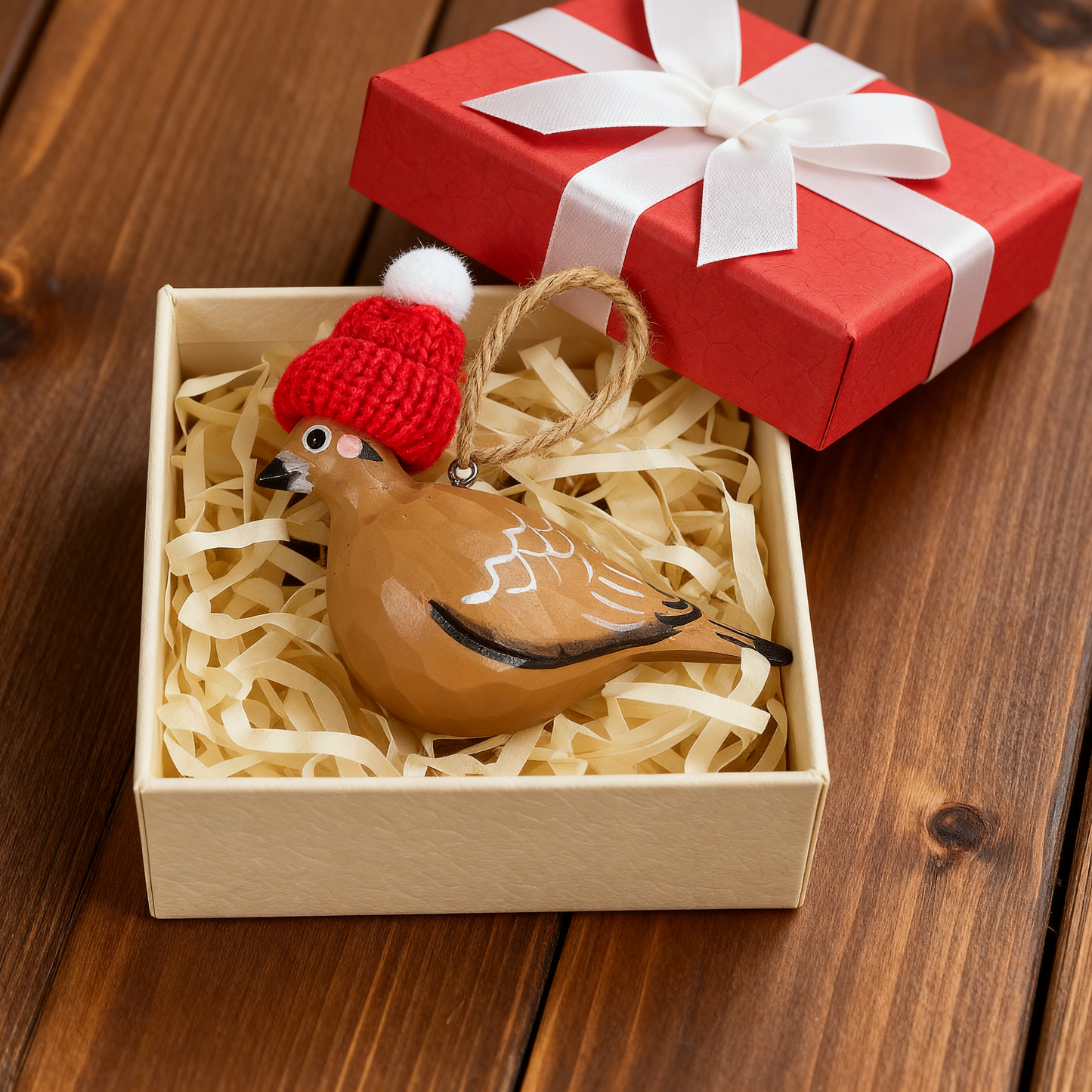 Mourning Dove Christmas Ornament - Hand‑Carved Wood with Knit Hat, Gift Box Included