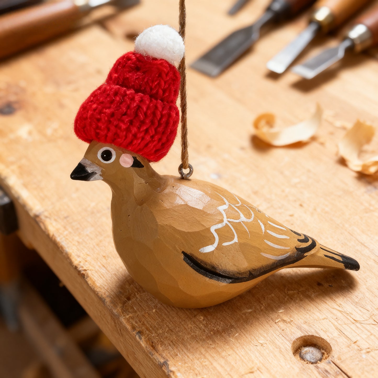 Mourning Dove Christmas Ornament - Hand‑Carved Wood with Knit Hat, Gift Box Included