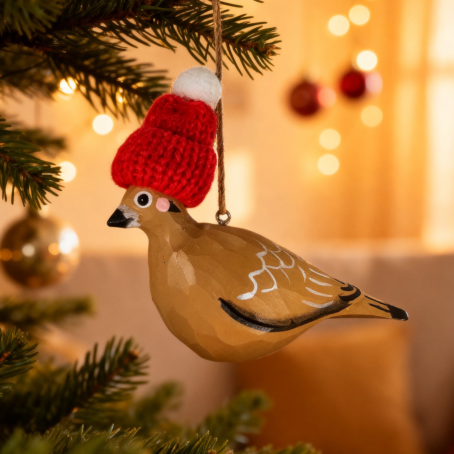 Mourning Dove Christmas Ornament - Hand‑Carved Wood with Knit Hat, Gift Box Included