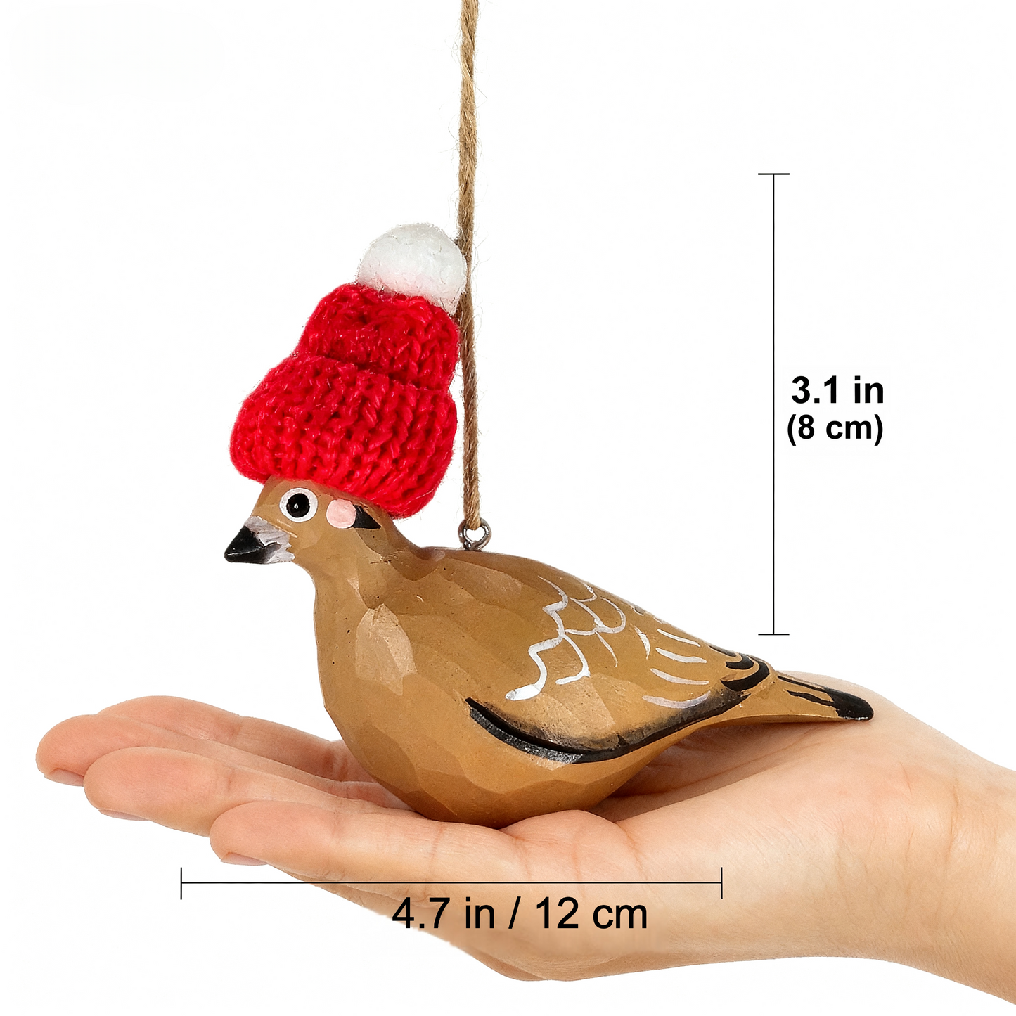Mourning Dove Christmas Ornament - Hand‑Carved Wood with Knit Hat, Gift Box Included