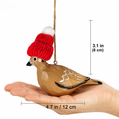 Mourning Dove Christmas Ornament - Hand‑Carved Wood with Knit Hat, Gift Box Included