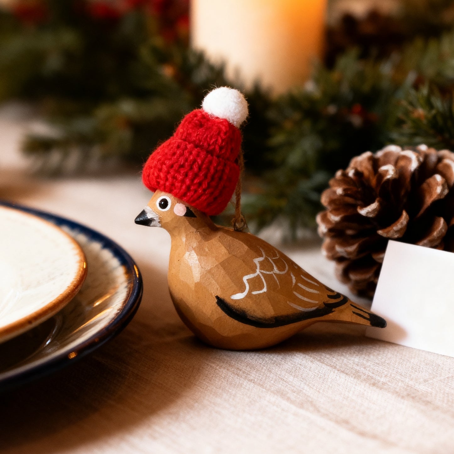 Mourning Dove Christmas Ornament - Hand‑Carved Wood with Knit Hat, Gift Box Included