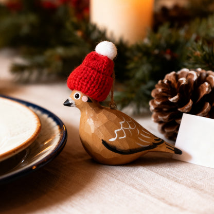 Mourning Dove Christmas Ornament - Hand‑Carved Wood with Knit Hat, Gift Box Included