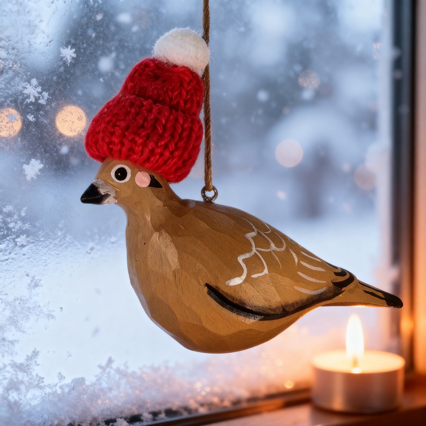 Mourning Dove Christmas Ornament - Hand‑Carved Wood with Knit Hat, Gift Box Included