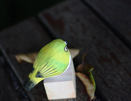 Hand-Painted Wooden White-Eye Bird Figurine – Elegant Artisan Decor - Wooden Islands