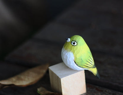 Hand-Painted Wooden White-Eye Bird Figurine – Elegant Artisan Decor - Wooden Islands