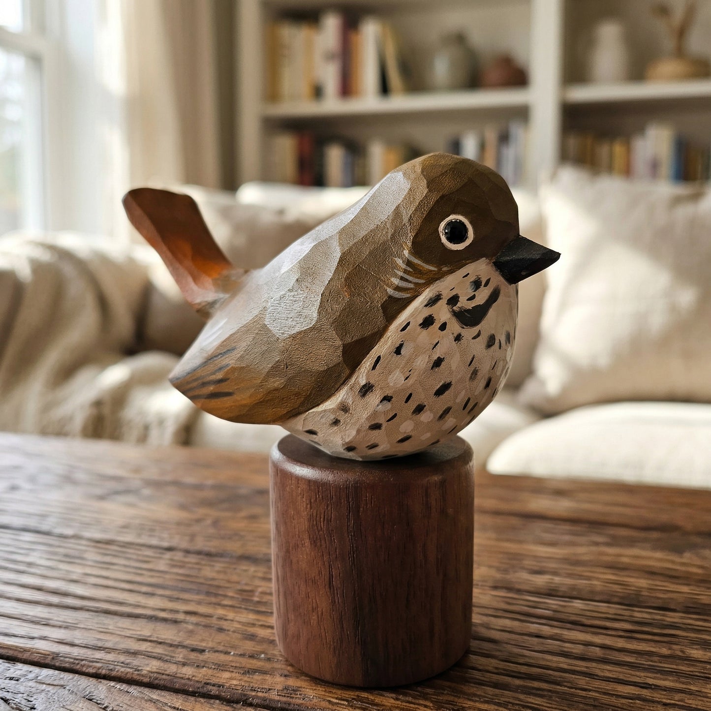 A hand-carved wooden Hermit Thrush figurine with a natural wood base, displayed on a wooden table in a cozy, softly blurred living room setting.
