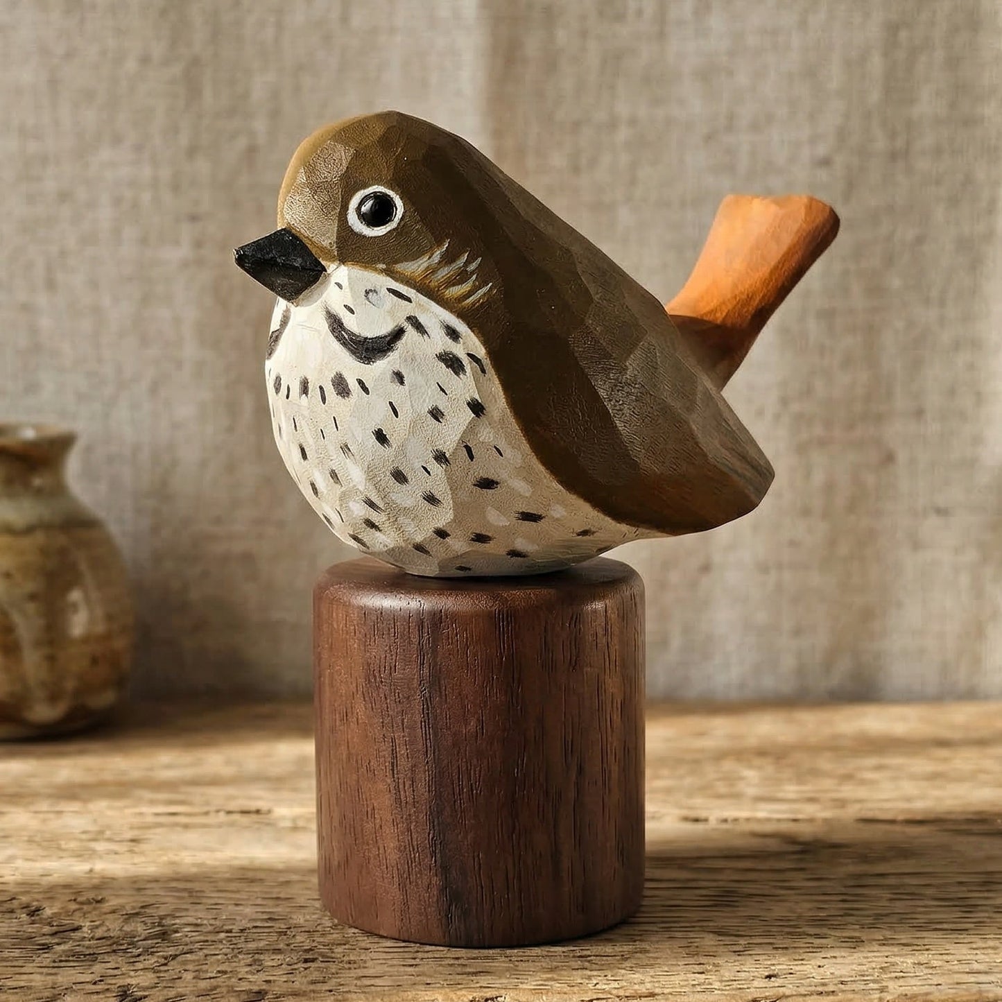 A hand-carved wooden Hermit Thrush figurine with a speckled white chest, brown back, black beak, and orange tail, mounted on a cylindrical wooden base on a rustic wooden table.