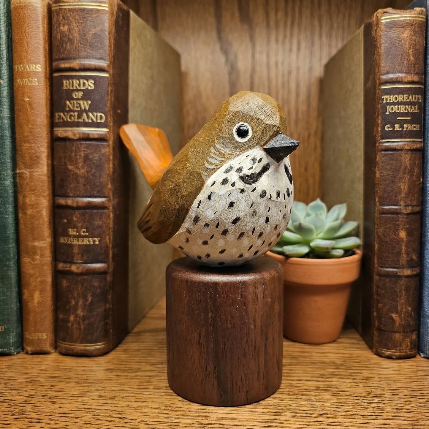 A hand-carved wooden Hermit Thrush figurine with a speckled white chest and brown back, mounted on a dark wooden cylindrical base, displayed on a wooden shelf between vintage books and a small potted succulent.