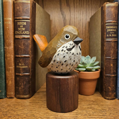 A hand-carved wooden Hermit Thrush figurine with a speckled white chest and brown back, mounted on a dark wooden cylindrical base, displayed on a wooden shelf between vintage books and a small potted succulent.