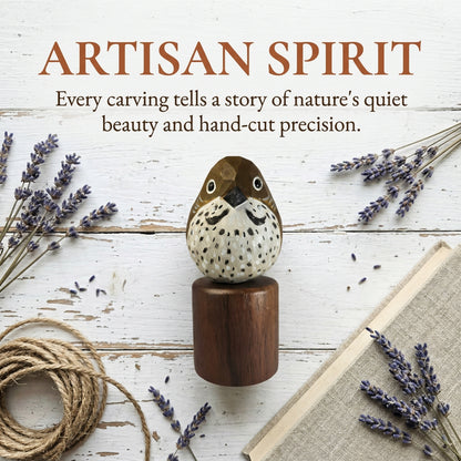 A handcrafted wooden Hermit Thrush figurine with a dark brown cylindrical base, displayed on a white rustic wood background with lavender sprigs, twine, and an open book. The text at the top reads 'ARTISAN SPIRIT' with a descriptive quote below.