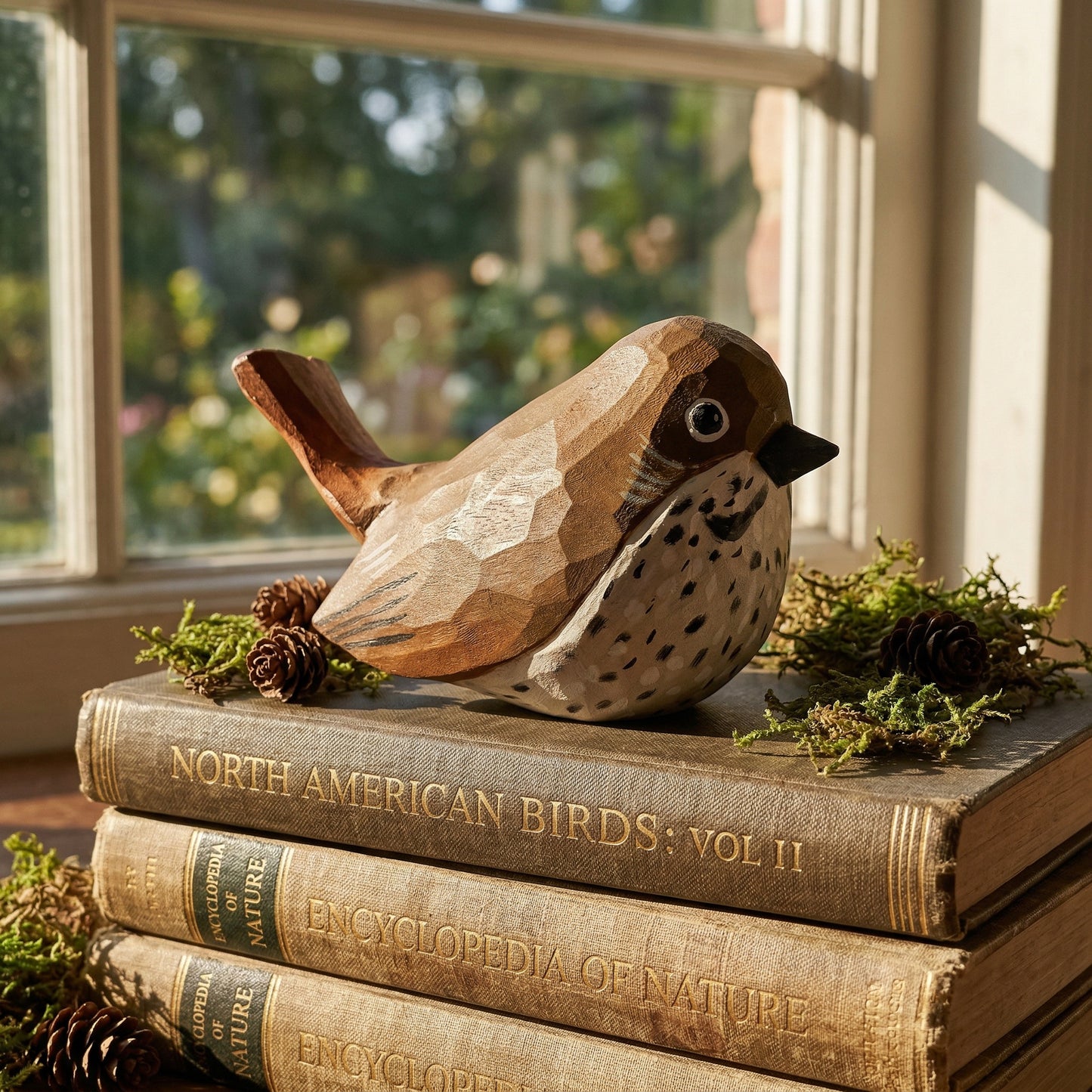 A carved wooden Hermit Thrush figurine with a brown and cream spotted plumage pattern sits on top of a stack of vintage books, decorated with small pinecones and greenery, in front of a softly blurred window.
