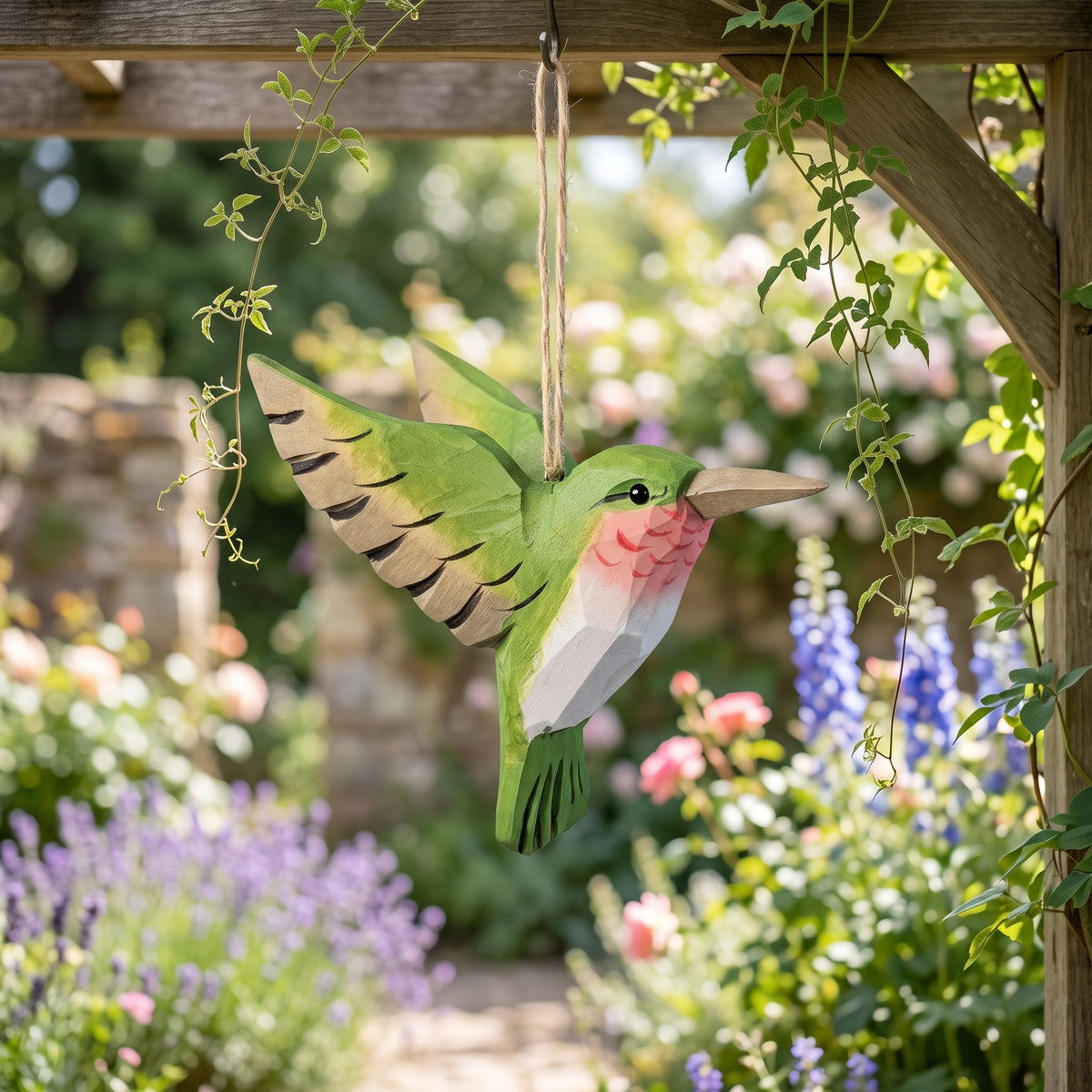 Green hand-carved basswood hummingbird hanging ornament displayed outdoors in a sunny garden setting.