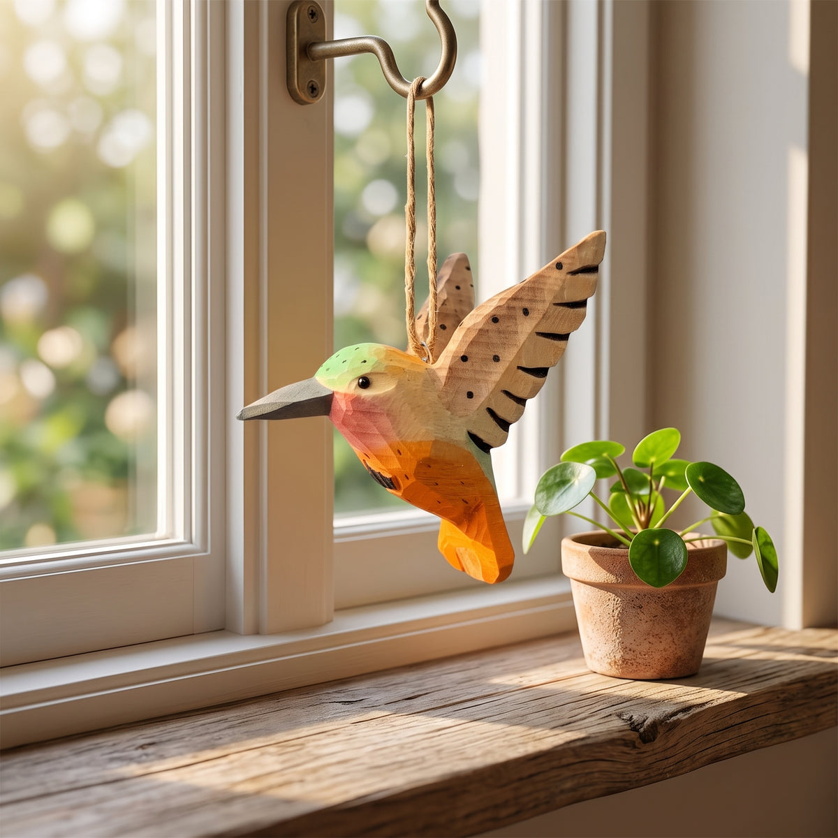 Hand-carved wooden hummingbird ornament hanging on a twine string in front of a sunny window with a potted plant on the windowsill.