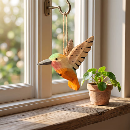 Hand-carved wooden hummingbird ornament hanging on a twine string in front of a sunny window with a potted plant on the windowsill.