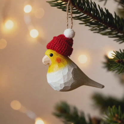 Cockatiel Christmas Ornament - Hand‑Carved Wood with Knit Hat, Gift Box Included