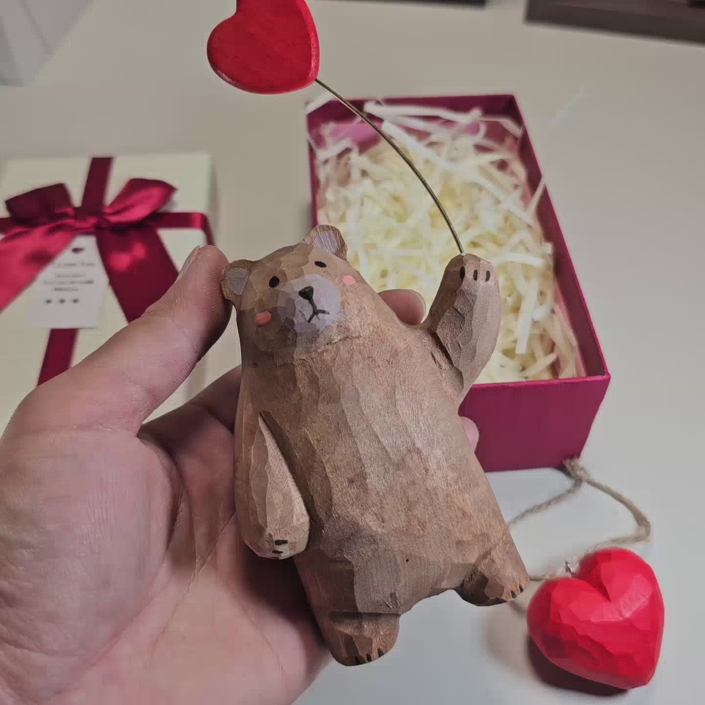 Bear with Heart Necklace Wooden Figurine – Gift Box Included