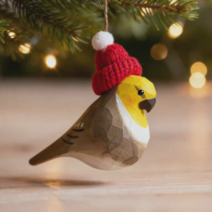 Cockatiel Christmas Ornament - Hand‑Carved Wood with Knit Hat, Gift Box Included