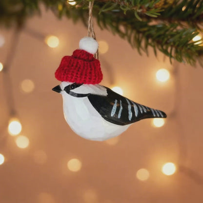 Downy Woodpecker Christmas Ornament - Hand‑Carved Wood with Knit Hat, Gift Box Included