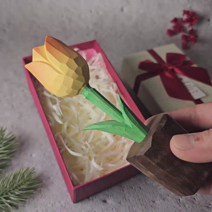 Tulip Hand-Carved Wooden Flower With Gift Box Packing