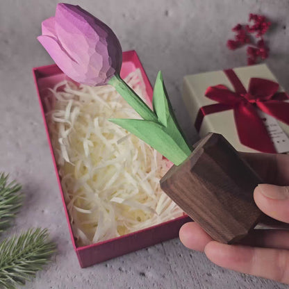 Tulip Hand-Carved Wooden Flower With Gift Box Packing