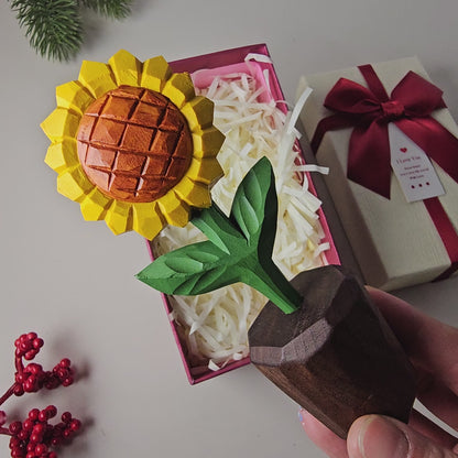 Elegant Sunflower Wooden Sculpture | Hand-Carved & Painted With Gift Box Packing