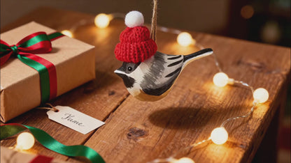 Chickadee Christmas Ornament - Hand‑Carved Wood with Knit Hat, Gift Box Included