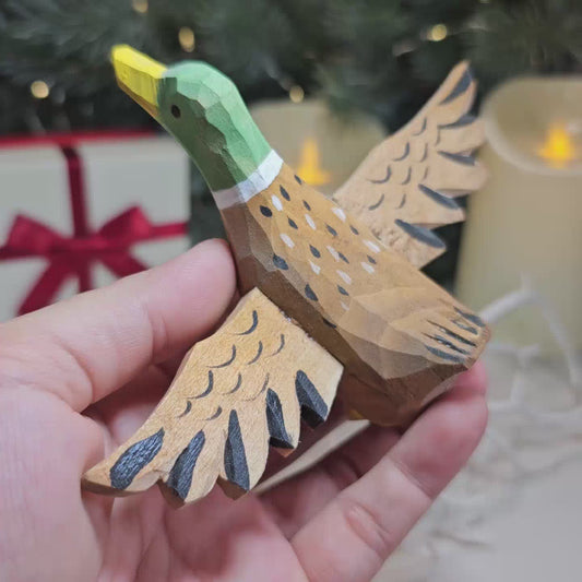 Hand-Carved Flying Mallard Clip-On Bird Ornament | Basswood | 4" Handmade Wood Sculpture