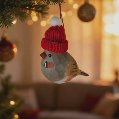 Zebra Finch Christmas Ornament - Hand‑Carved Wood with Knit Hat, Gift Box Included