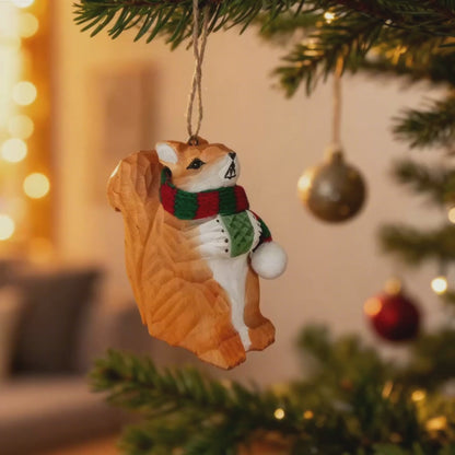 Squirrel Christmas Ornament - Hand‑Carved Wood with Knit Scarf, Gift Box Included