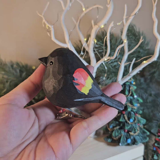 Hand-Carved Red-Winged Blackbird Clip-On Bird Ornament | Basswood | 3" Handmade Wood Sculpture
