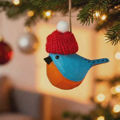 Eastern Bluebird Christmas Ornament - Hand‑Carved Wood with Knit Hat, Gift Box Included
